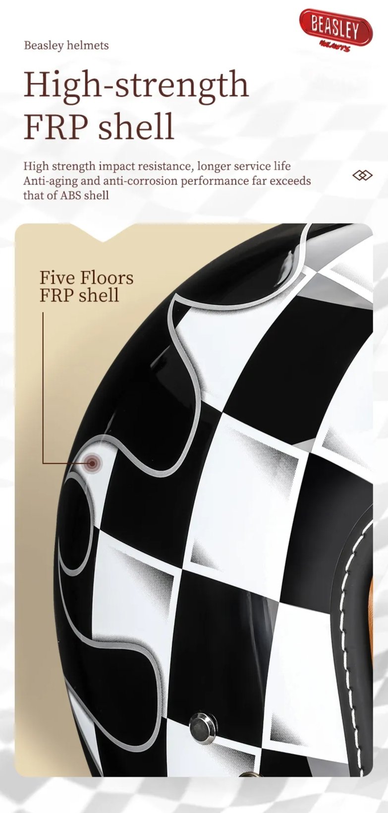 Black & White Checkered Flames & Black Leather Open Face 3/4 Beasley Motorcycle Helmet by KingsMotorcycleFairings.com