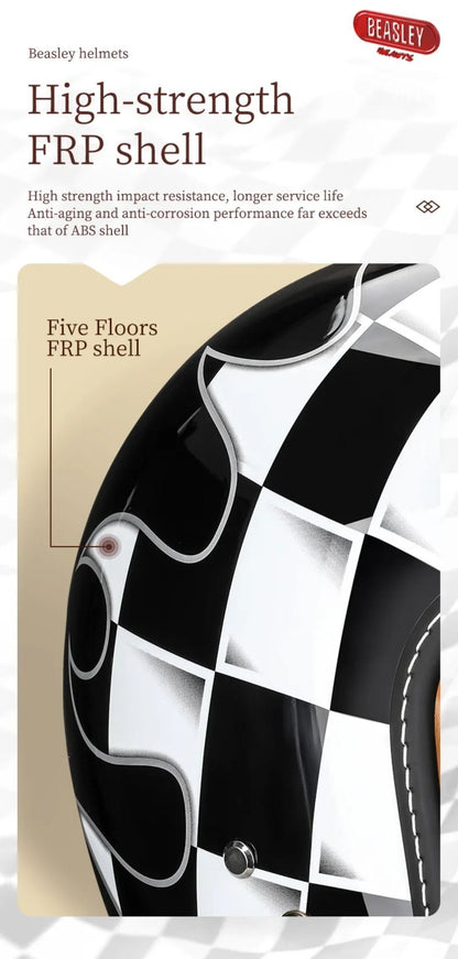 Black & White Checkered Flames & Black Leather Open Face 3/4 Beasley Motorcycle Helmet by KingsMotorcycleFairings.com