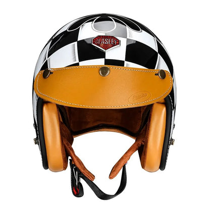 Black & White Checkered Flames & Brown Leather Open Face 3/4 Beasley Motorcycle Helmet at KingsMotorcycleFairings.com