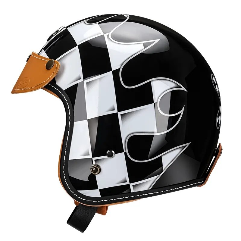 Black & White Checkered Flames & Brown Leather Open Face 3/4 Beasley Motorcycle Helmet at KingsMotorcycleFairings.com