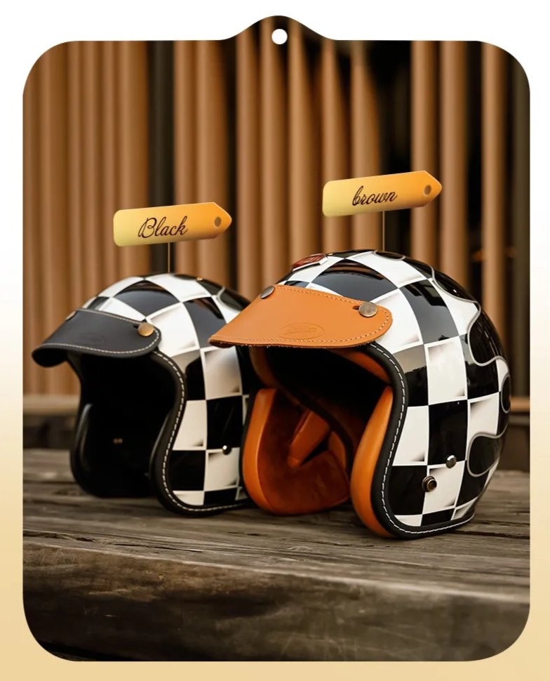 brown leather covered motorcycle helmets Black & White Checkered Flames & Brown Leather Open Face 3/4 Beasley Motorcycle Helmet