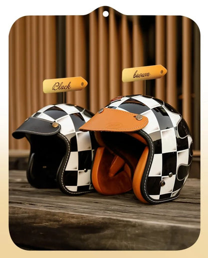 Black & White Checkered Flames & Brown Leather Open Face 3/4 Beasley Motorcycle Helmet at KingsMotorcycleFairings.com