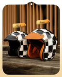 Black & White Checkered Flames & Brown Leather Open Face 3/4 Beasley Motorcycle Helmet is brought to you by KingsMotorcycleFairings.com