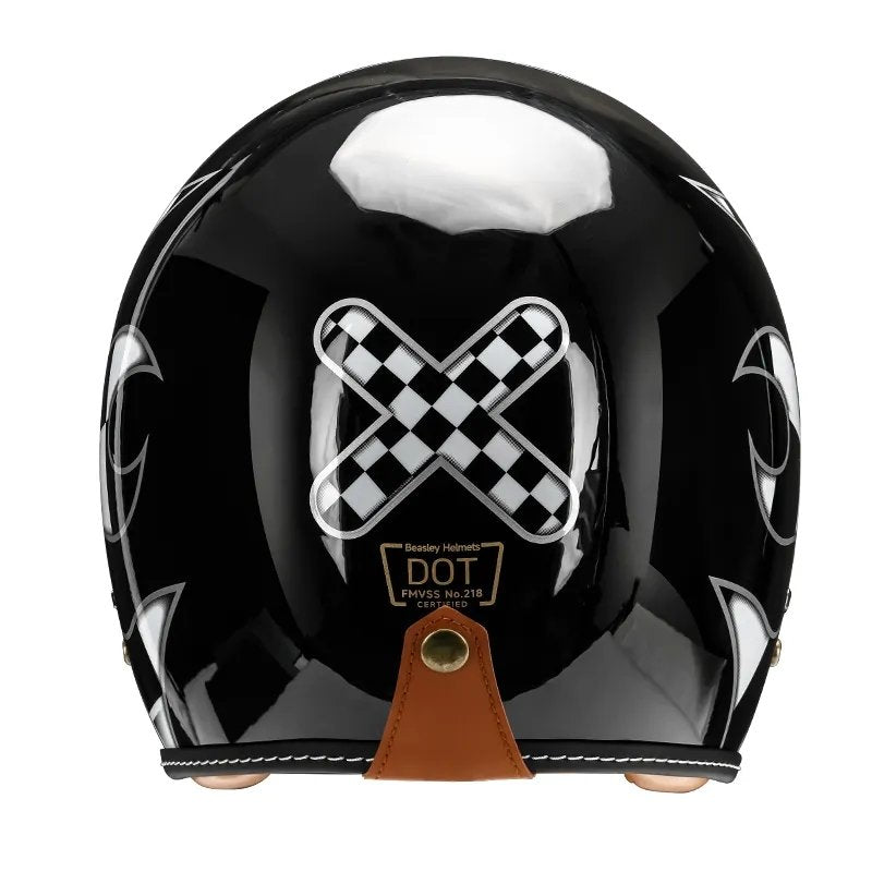Black & White Checkered Flames & Brown Leather Open Face 3/4 Beasley Motorcycle Helmet at KingsMotorcycleFairings.com