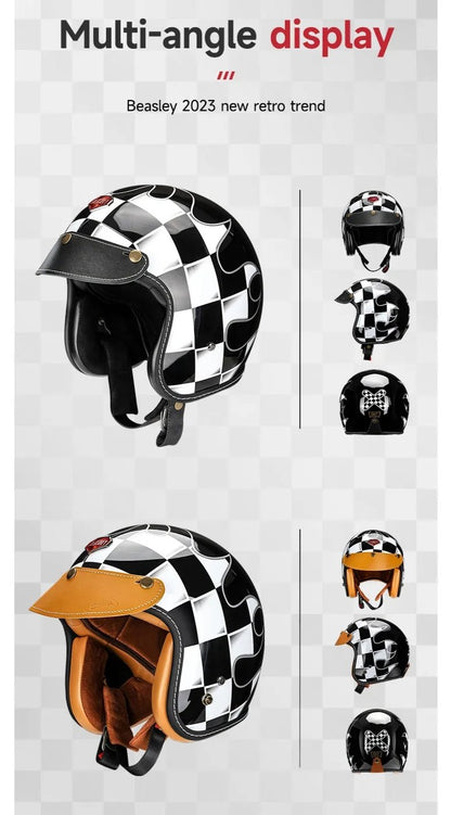 Black & White Checkered Flames & Brown Leather Open Face 3/4 Beasley Motorcycle Helmet at KingsMotorcycleFairings.com