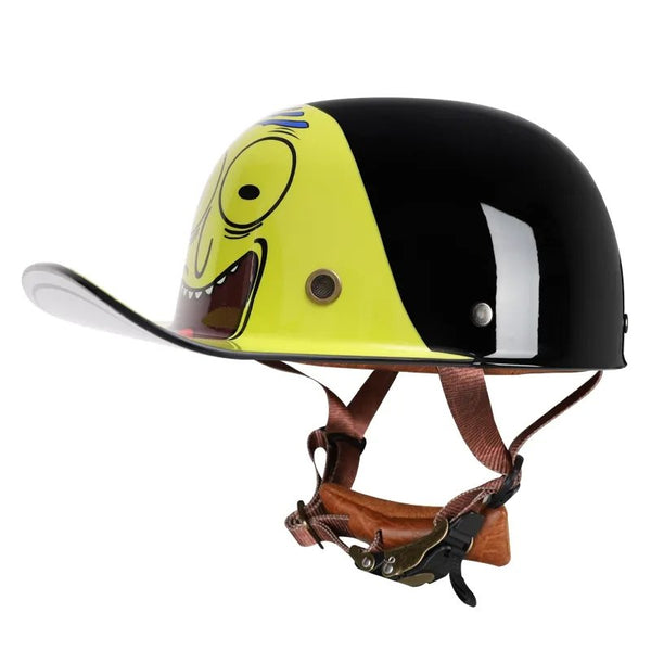 Black and Yellow Cartoon Retro Baseball Cap Motorcycle Helmet is brought to you by KingsMotorcycleFairings.com