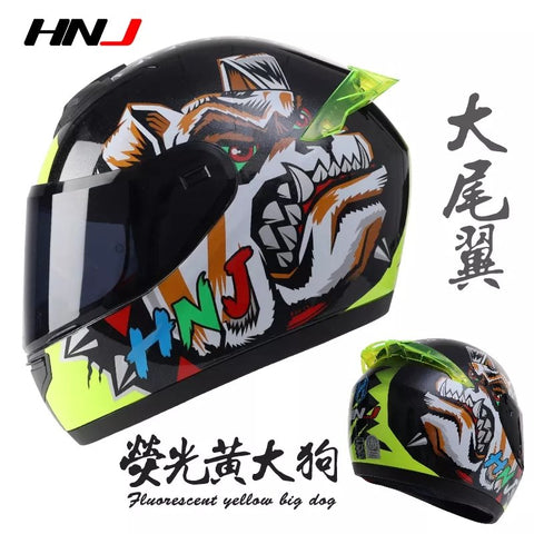 Black & Yellow Dog HNJ Motorcycle Helmet with Black Visor