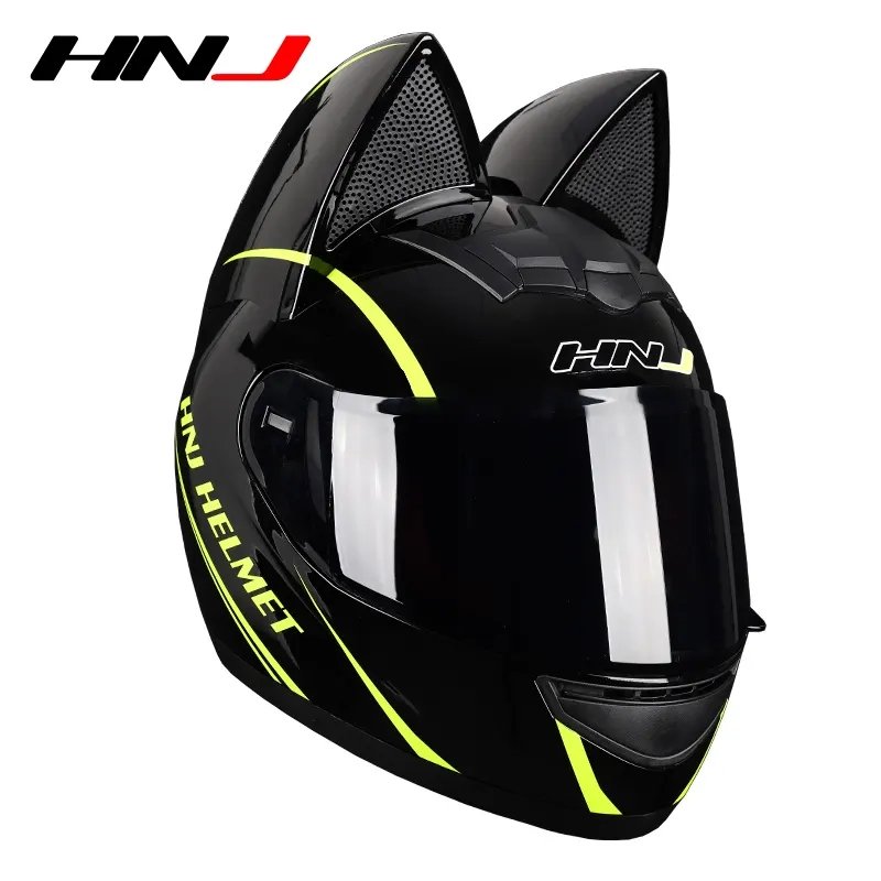 full face yellow motorcycle helmet Black & Yellow Motorcycle Helmet with Cat Ears & Gold Visor