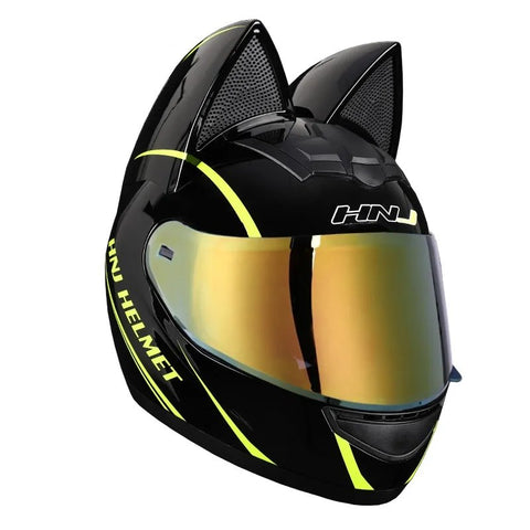 The Black and Yellow HNJ Full-Face Motorcycle Helmet with Cat Ears is brought to you by Kings Motorcycle Fairings