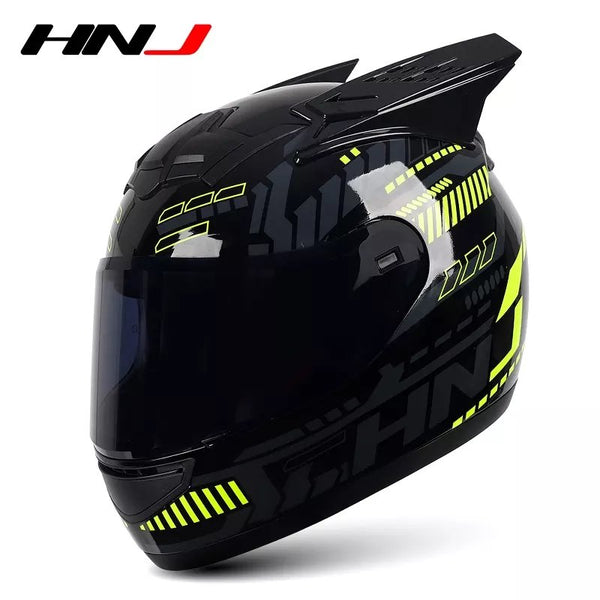 The Black, Yellow and Gray Pulse HNJ Full-Face Motorcycle Helmet with Horns & Braids by Kings Motorcycle Fairings