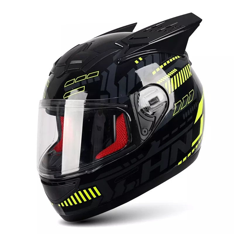 Black, Yellow, Gray Pulse HNJ Motorcycle Helmet with Horns, Blue Visor