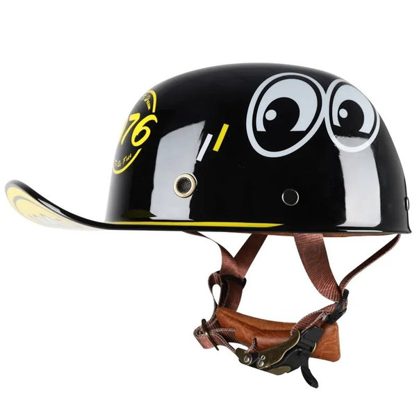 Black, Yellow and White Cartoon Eye Retro Baseball Cap Motorcycle Helmet is brought to you by KingsMotorcycleFairings.com