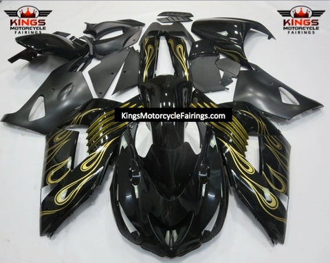 Fairing kit for a Kawasaki Ninja ZX14R (2006-2011) Black & Gold Flames