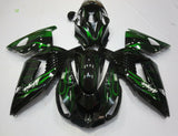 Black and Green Flame Fairing Kit for a 2006, 2007, 2008, 2009, 2010 & 2011 Kawasaki Ninja ZX-14R motorcycle