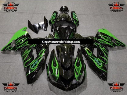 Black and Green Flames Fairing Kit for a 2006, 2007, 2008, 2009, 2010 & 2011 Kawasaki Ninja ZX-14R motorcycle