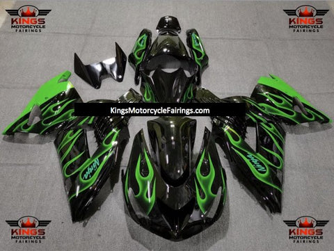Fairing kit for a Kawasaki Ninja ZX14R (2006-2011) Black & Green Flames