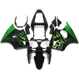 Black and Green Flame Fairing Kit for a 2000, 2001 & 2002 Kawasaki ZX-6R 636 motorcycle