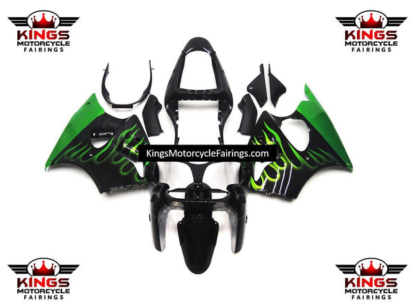 Fairing kit for a Kawasaki ZX6R 636 (2000-2002) Black & Green Flames