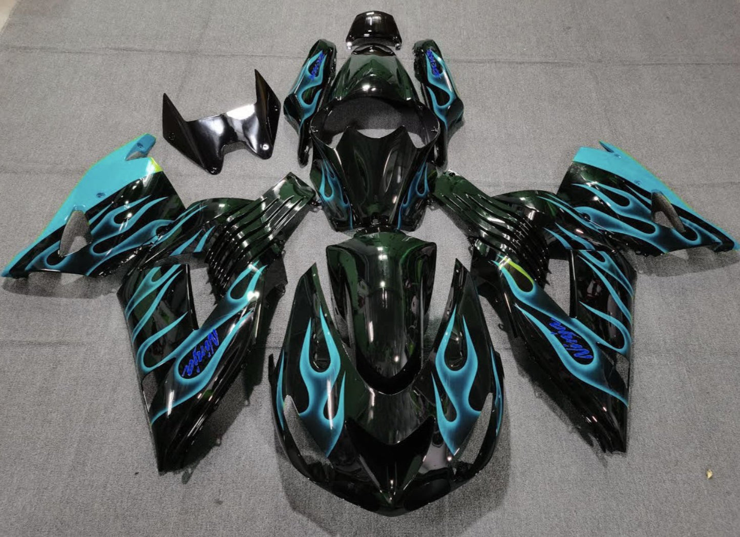 Black and Light Blue Flame Fairing Kit for a 2006, 2007, 2008, 2009, 2010 & 2011 Kawasaki Ninja ZX-14R motorcycle