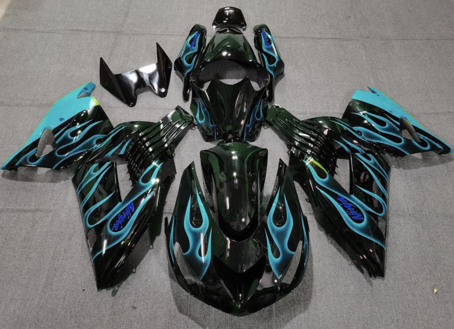 Black and Light Blue Flame Fairing Kit for a 2006, 2007, 2008, 2009, 2010 & 2011 Kawasaki Ninja ZX-14R motorcycle