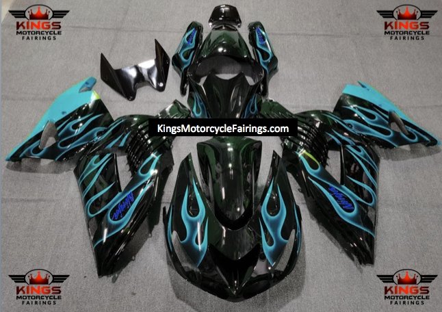 Kawasaki ZX14R Fairings (2006-2011) Black, Light Blue Flames