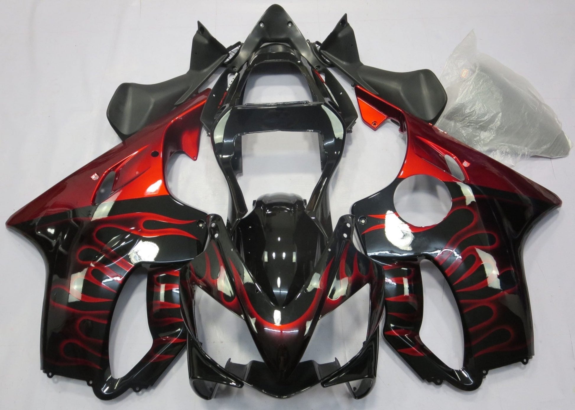 Black and Red Flames Fairing Kit for a 2001, 2002, 2003 Honda CBR600F4i motorcycle