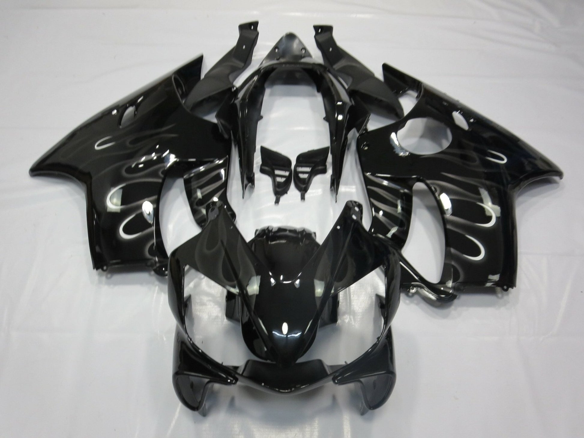 Black and White Flames Fairing Kit for a 2004, 2005, 2006, 2007 Honda CBR600F4i motorcycle