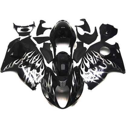 Black and White Flames Fairing Kit for a 1999, 2000, 2001, 2002, 2003, 2004, 2005, 2006, & 2007 Suzuki GSX-R1300 Hayabusa motorcycle