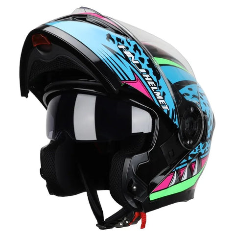 Blue, Green, Black & Pink Panther Modular HNJ Motorcycle Helmet