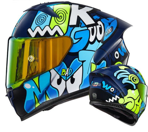 Blue, White & Neon Good Mood Motorcycle Helmet at KingsMotorcycleFairings.com