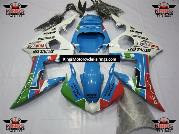 Yamaha YZF-R6 (2005) Blue, White, Red & Green Dunlop Fairings