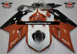 White, Orange Brown and Black Fairing Kit for a 2007, 2008, 2009, 2010, 2011, 2012, 2013 & 2014 Ducati 848 motorcycle. The photos used are examples. Your new Ducati 848 fairing kit will have 848 decals.
