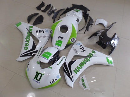 White, Green and Black HANNspree Race Fairing Kit for a 2008, 2009, 2010 & 2011 Honda CBR1000RR motorcycle. This fairing kit is designed specifically for the racetrack