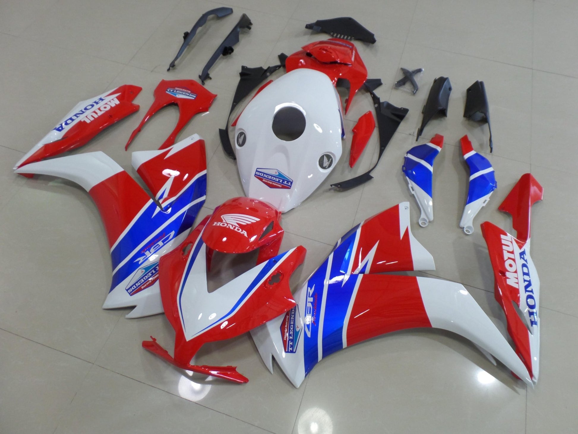 Red, White and Blue TT Legends Fairing Kit for a 2012, 2013, 2014, 2015 & 2016 Honda CBR1000RR motorcycle.
