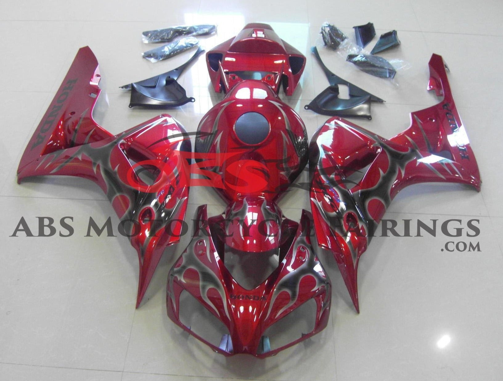 Candy Apple Red and Gray Tribal Flame Fairing Kit for a 2006 & 2007 Honda CBR1000RR motorcycle