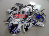White, Blue and Black Flame Race Fairing Kit for a 2008, 2009, 2010 & 2011 Honda CBR1000RR motorcycle. This fairing kit is designed specifically for the racetrack.
