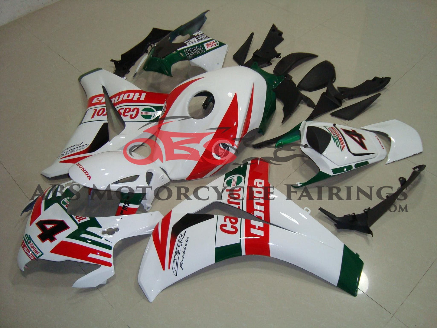 White, Red and Green Castrol #4 Fairing Kit for a 2008, 2009, 2010 & 2011 Honda CBR1000RR motorcycle