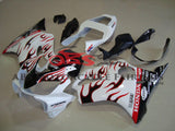White with Black & Red Flames Fairing Kit for a 2001, 2002, 2003 Honda CBR600F4i motorcycle