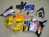 Yellow, White, Black and Blue Fairing Kit for a 2001, 2002, 2003 Honda CBR600F4i motorcycle