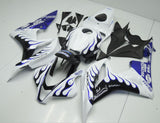 White, Black and Blue Flame Fairing Kit for a 2007 and 2008 Honda CBR600RR motorcycle.