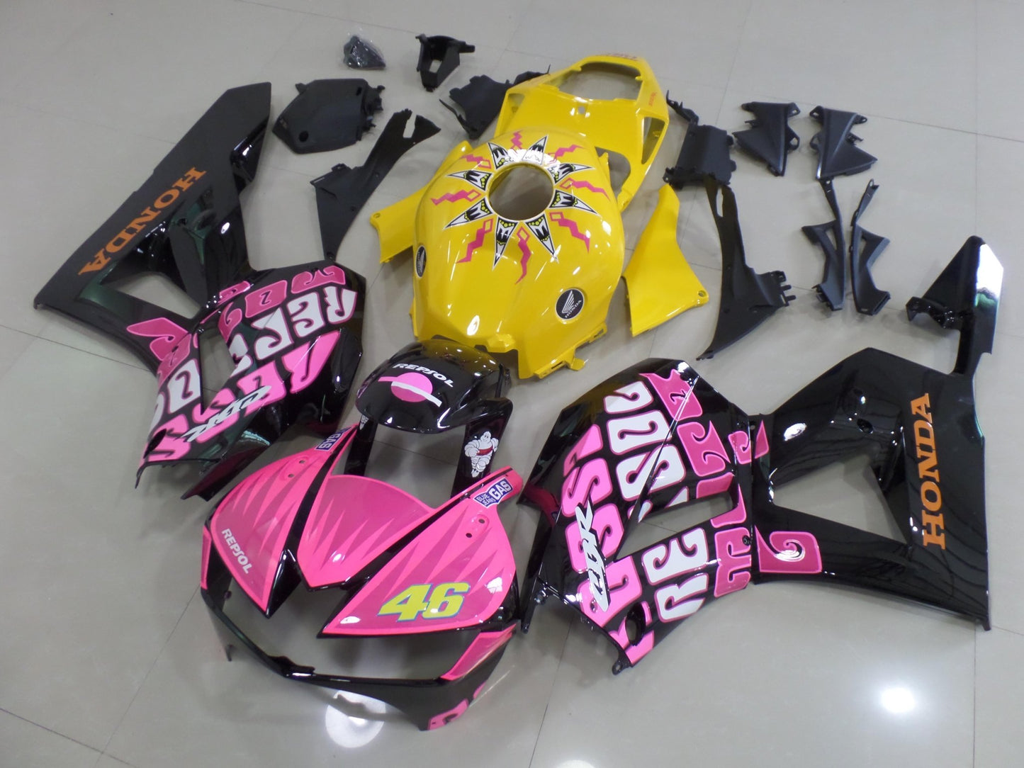 Pink, Black and Yellow Rossi Fairing Kit for a 2013, 2014, 2015, 2016, 2017, 2018, 2019, 2020 & 2021 Honda CBR600RR motorcycle