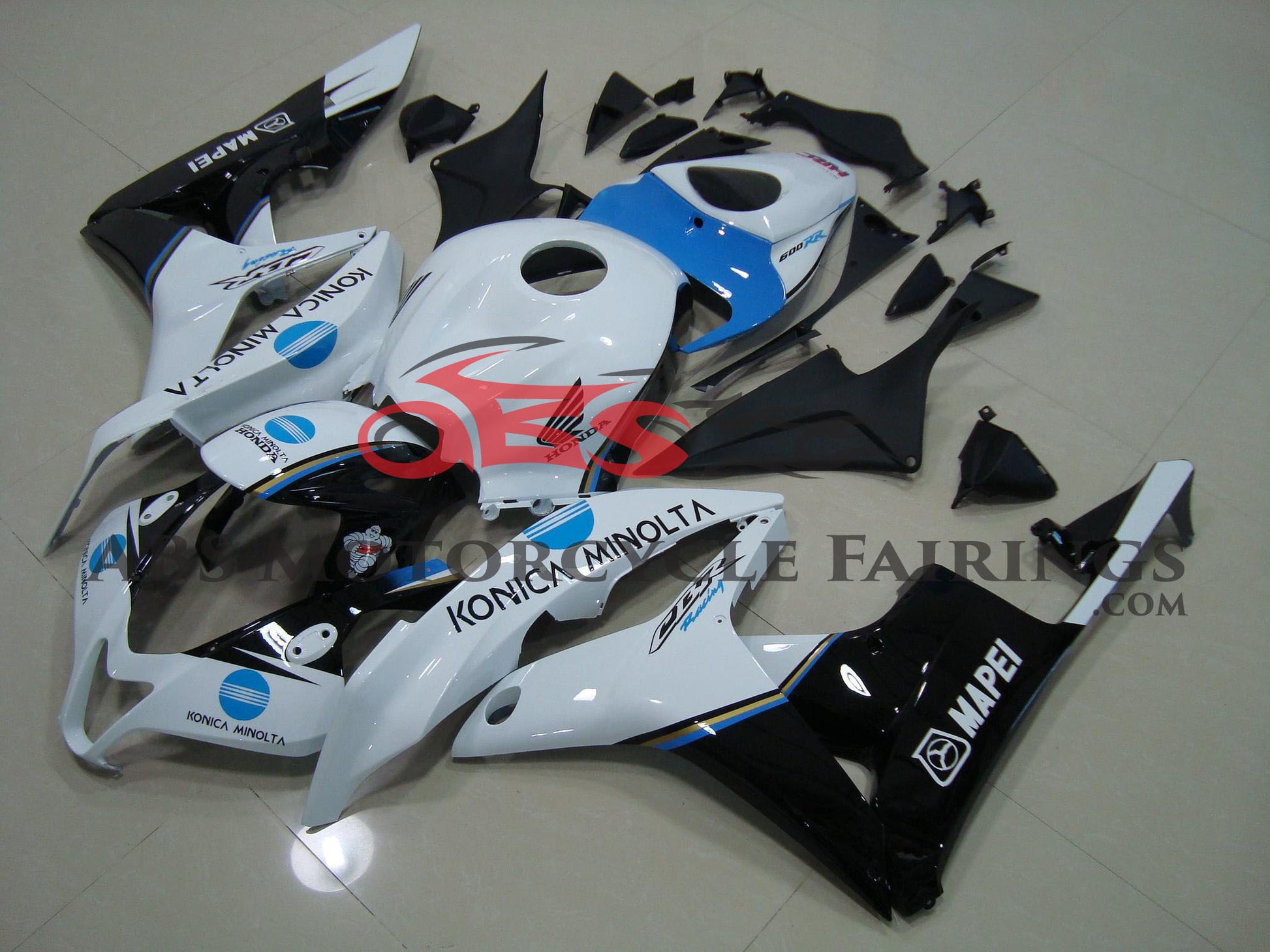 White, Black and Blue Konica Fairing Kit for a 2007, 2008 Honda CBR600RR motorcycle