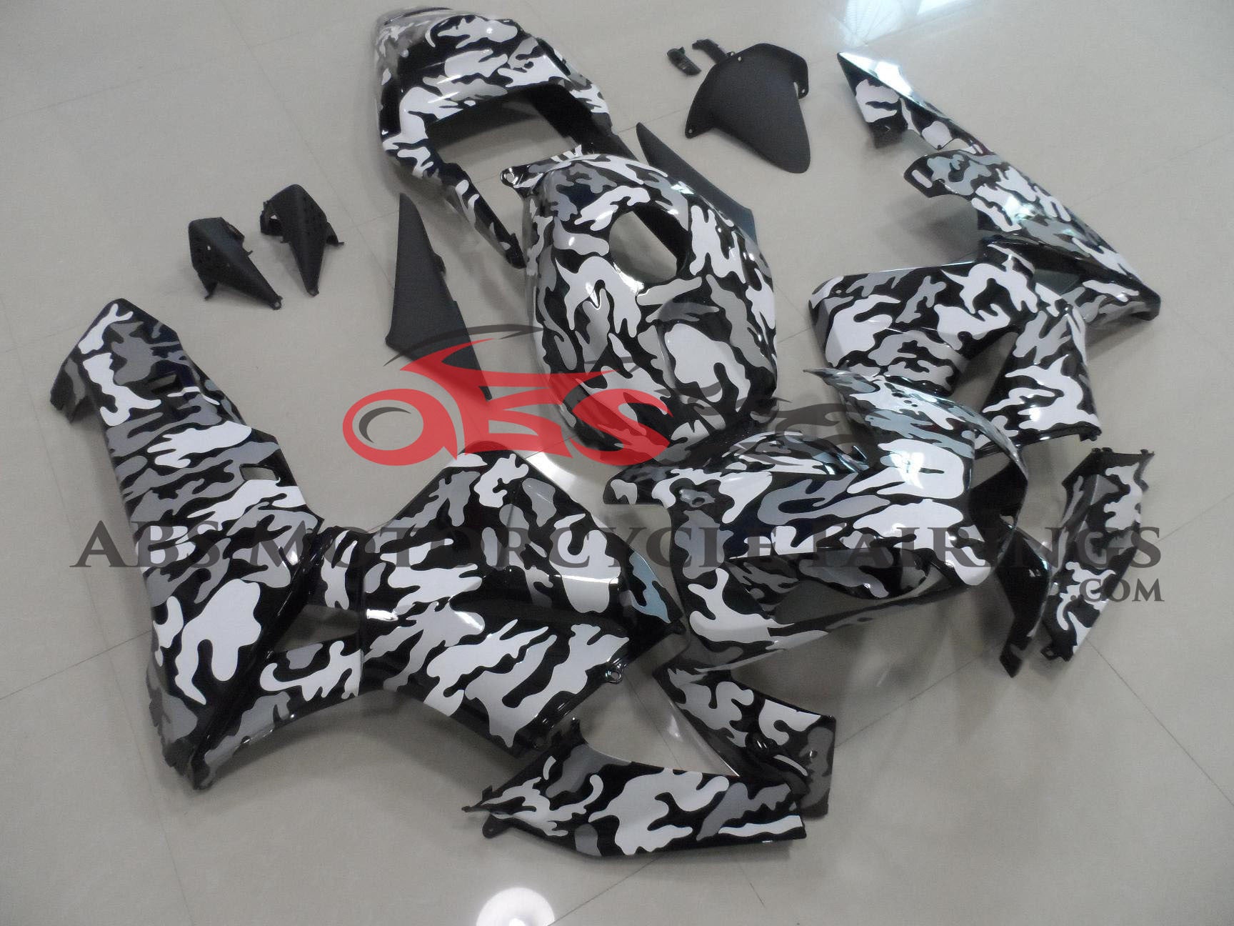 Camouflage Black, White and Grey Fairing Kit for a 2003, 2004 Honda CBR600RR motorcycle