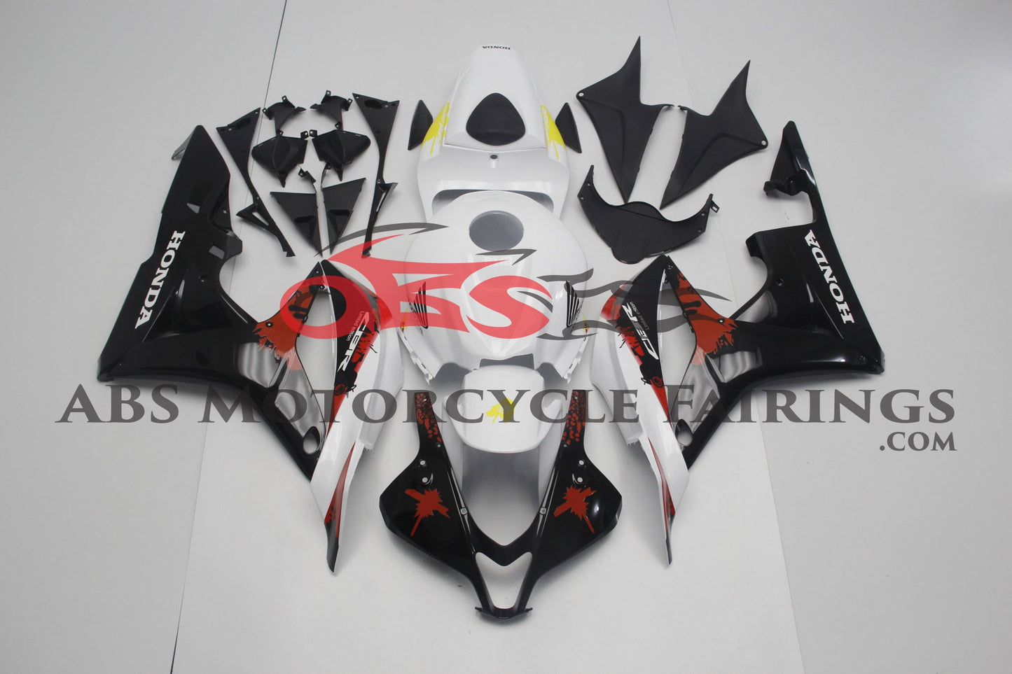 White, Black, Yellow and Red Splatter Fairing Kit for a 2007, 2008 Honda CBR600RR motorcycle