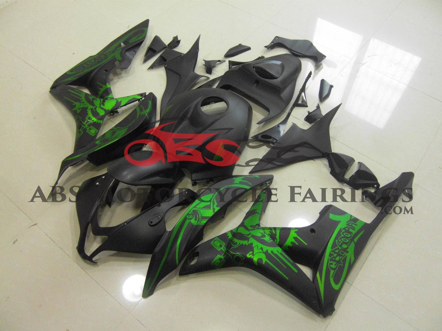 Matte Black and Green Skull Fairing Kit for a 2007, 2008 Honda CBR600RR motorcycle