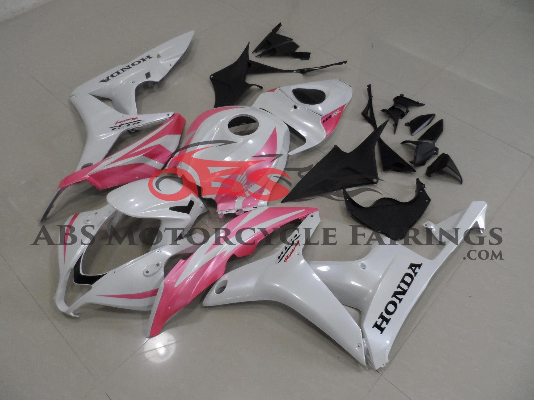 White and Light Pink Fairing Kit for a 2007, 2008 Honda CBR600RR motorcycle