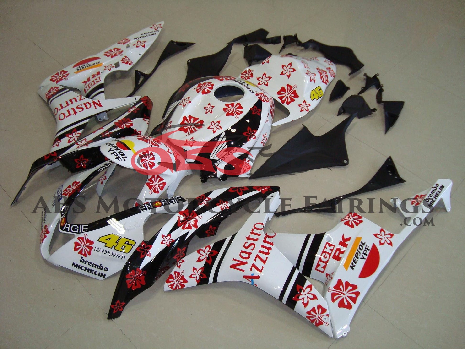 White, Red and Black Nastro Azzurro Fairing Kit for a 2007, 2008 Honda CBR600RR motorcycle