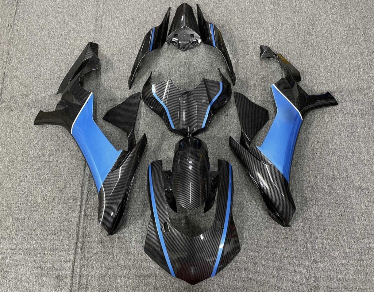 Faux Carbon Fiber and Light Blue Fairing Kit for a 2015, 2016, 2017, 2018 & 2019 Yamaha YZF-R1 motorcycle