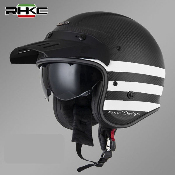 Carbon Fiber & White Stripe RHKC Open Face Motorcycle Helmet at KingsMotorcycleFairings.com