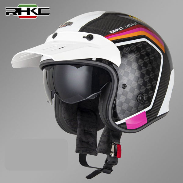 Carbon Fiber, White, Pink & Orange RHKC Open Face Motorcycle Helmet at KingsMotorcycleFairings.com
